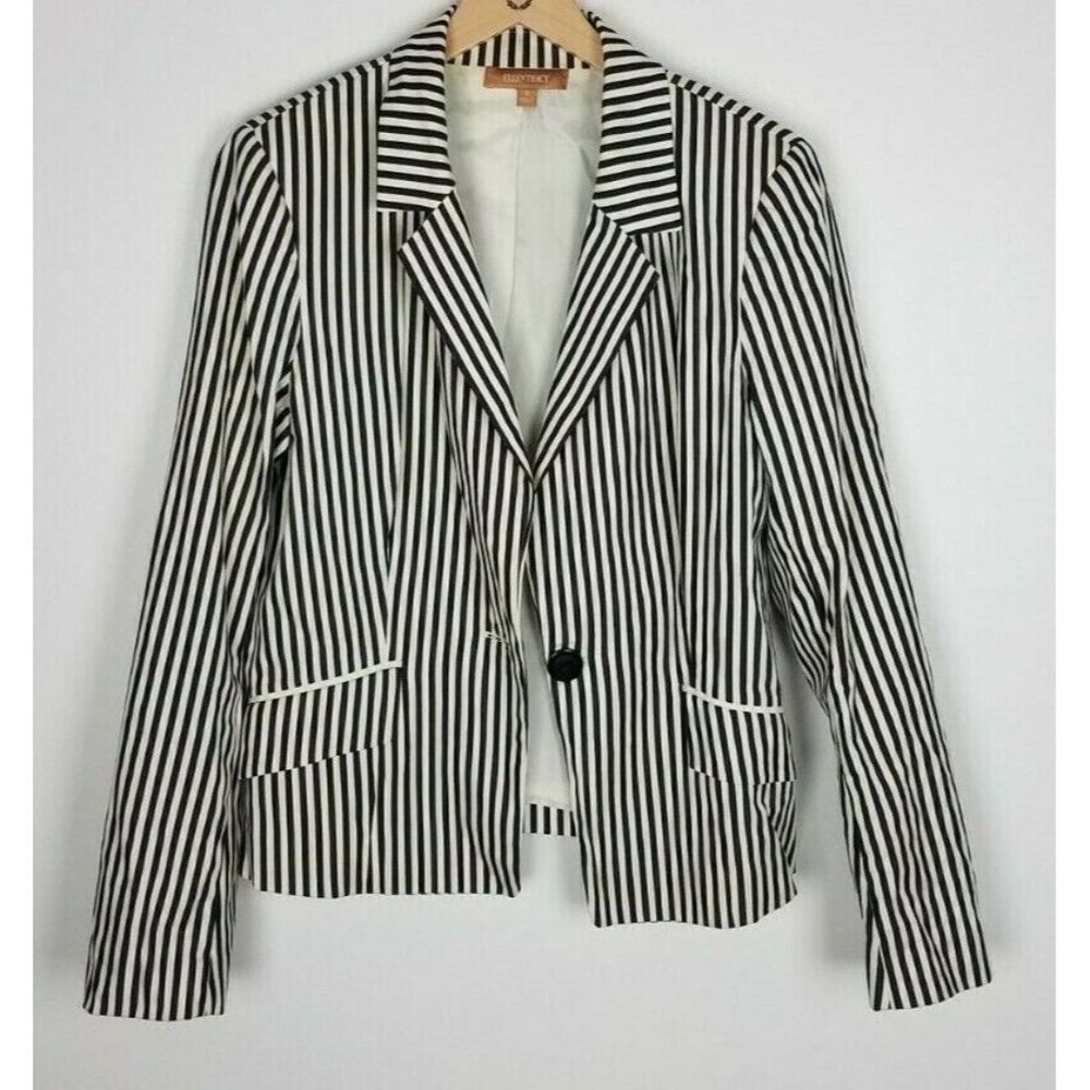 Ellen Tracy Sz. 8 Navy & Ivory Stripe Single Button Nautical Suit Jacket Blazer